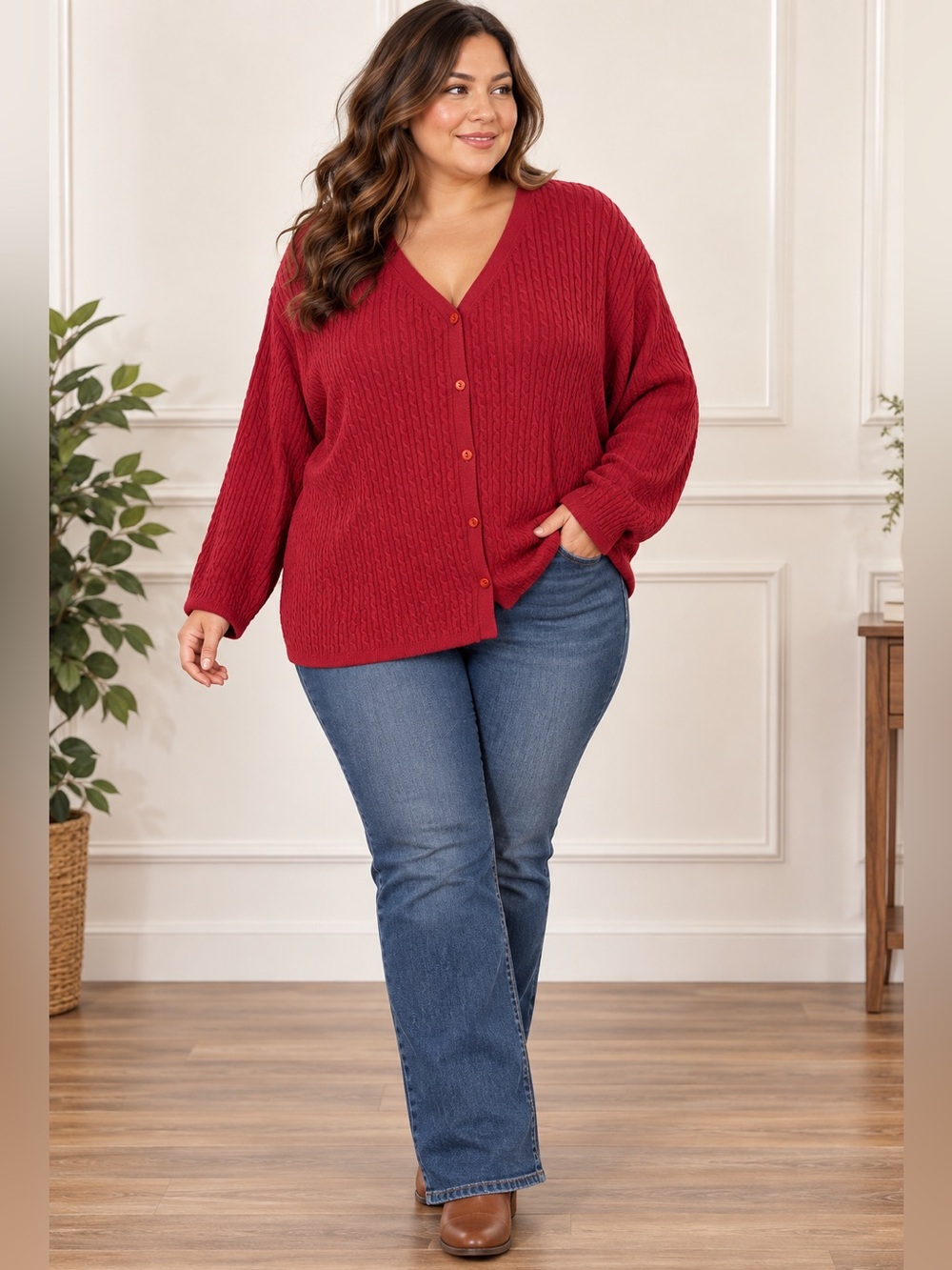 Pendleton Deep Red  Burgundy Cable-Knit V-Neck Cardigan Sweater 2XL